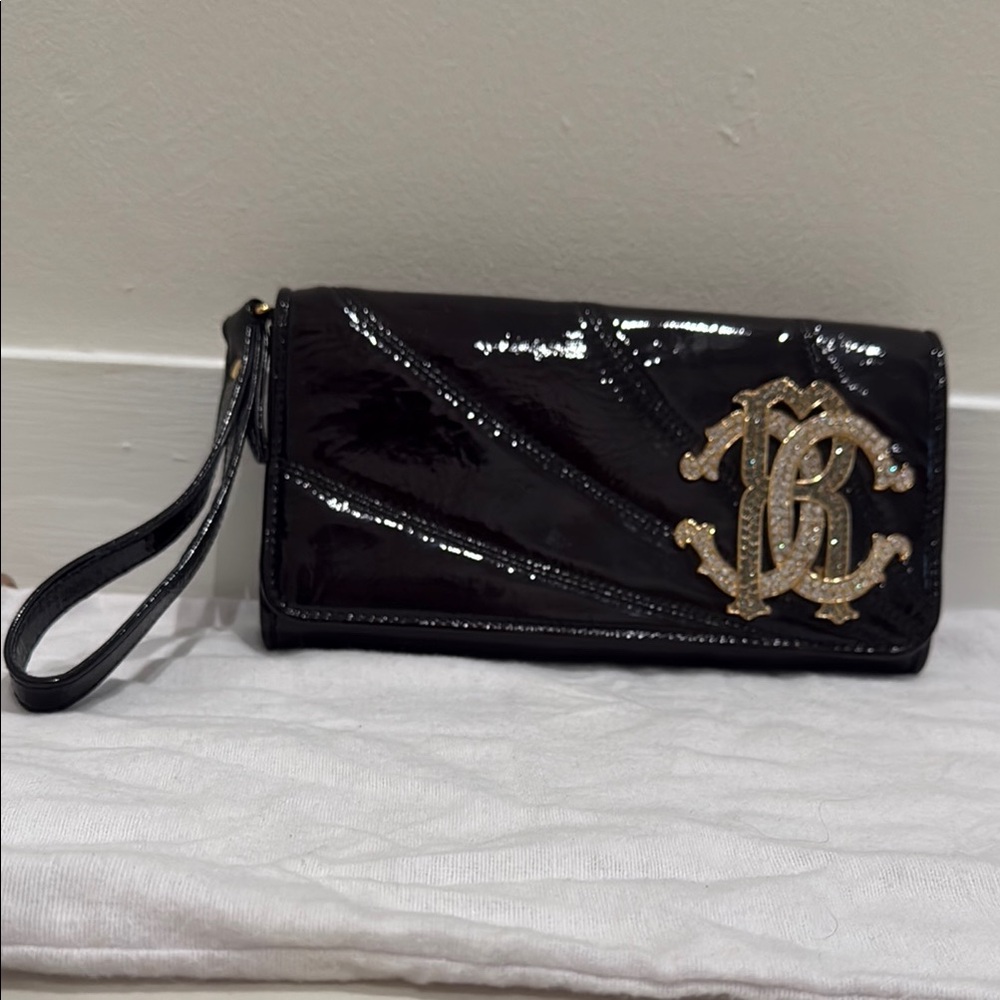 Roberto Cavalli Black Patent Leather Clutch with Gold Logo